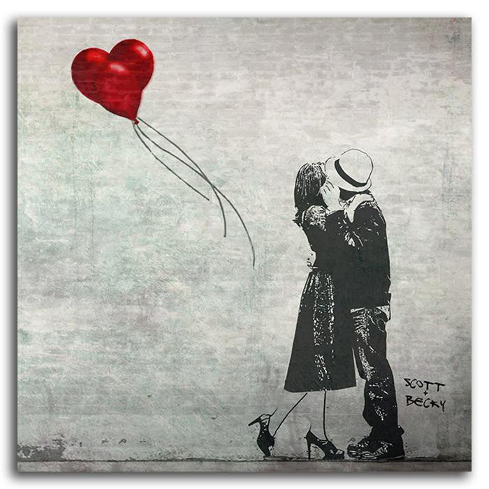 Personalized black and white banksy style romantic print with couple embracing and red heart balloon - Personal-Prints