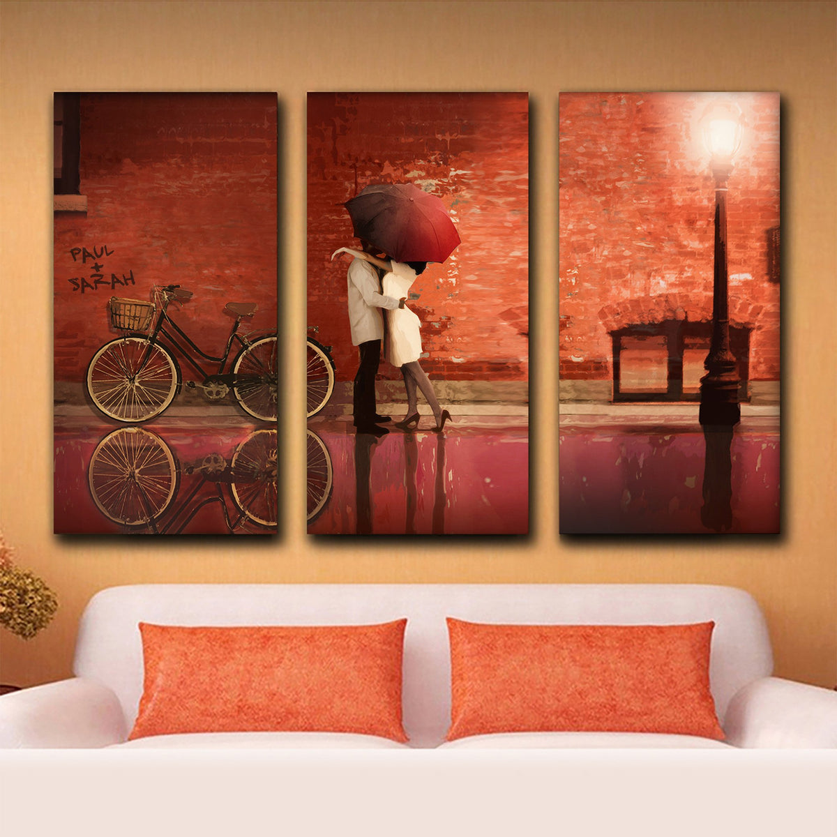 Three XXL canvas art panels make up this personalized art with red brick wall and couple kissing - Personal-Prints