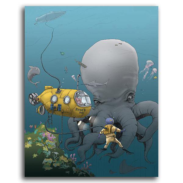 Personalized children&#39;s art print of an octopus and submarine - Personal-Prints