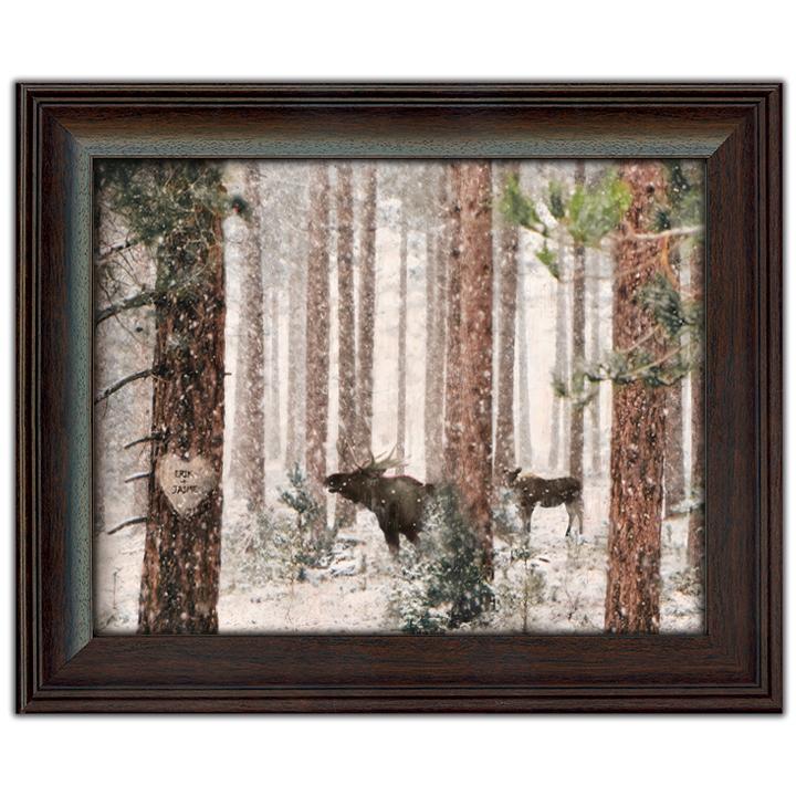 Winter Woods Moose Art Print Customized with Names- Framed behind glass