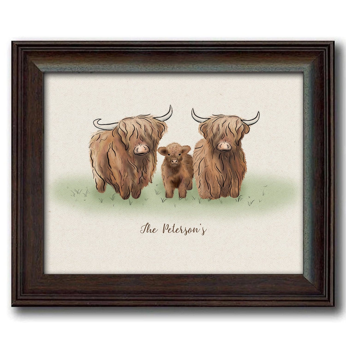 Highland cow family art framed under glass