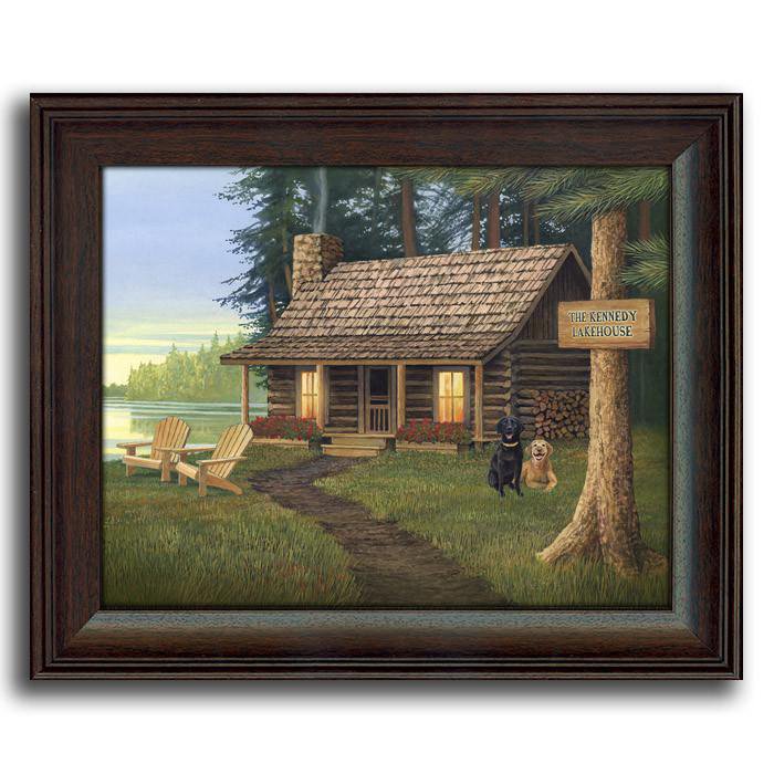 Personalized cabin wall art of a lakehouse in a forest - Personal-Prints