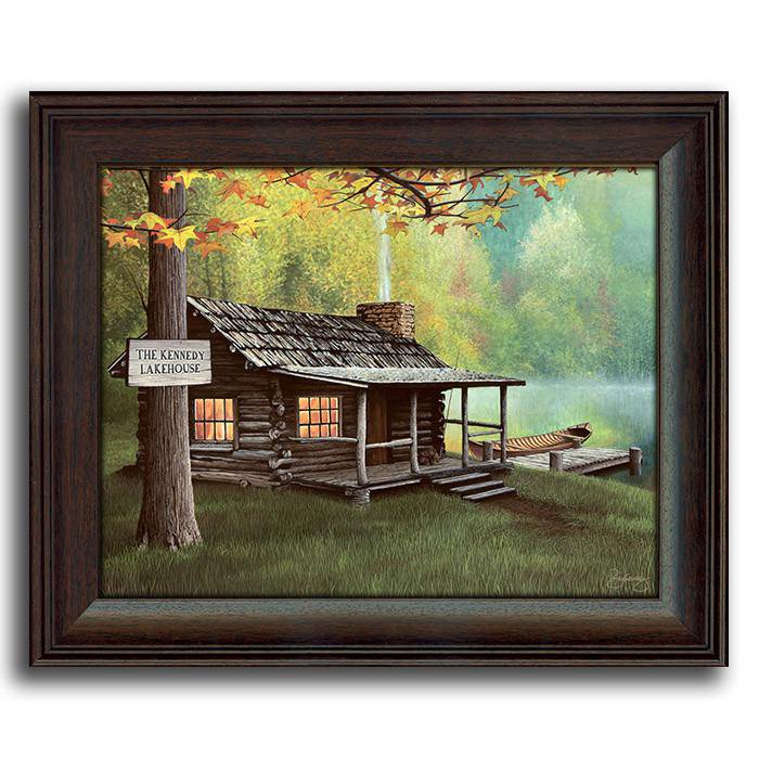 Personalized art of a cabin by a lake with a welcome sign - Personal-Prints