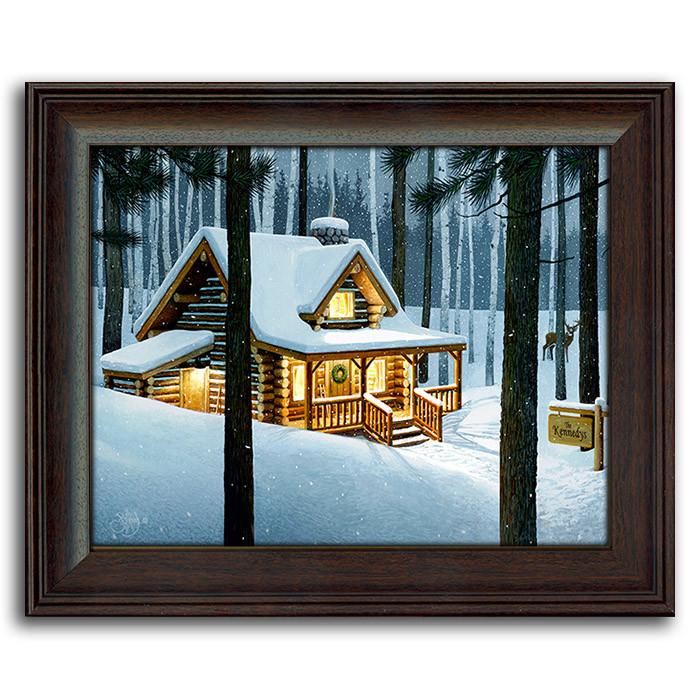 Personalized art of a cottage in the woods in winter - Personal-Prints