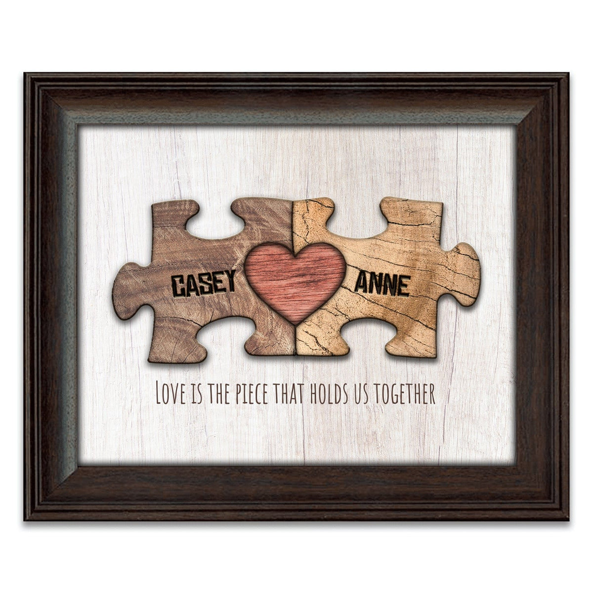 framed art personalized gift with names on puzzle pieces and heart