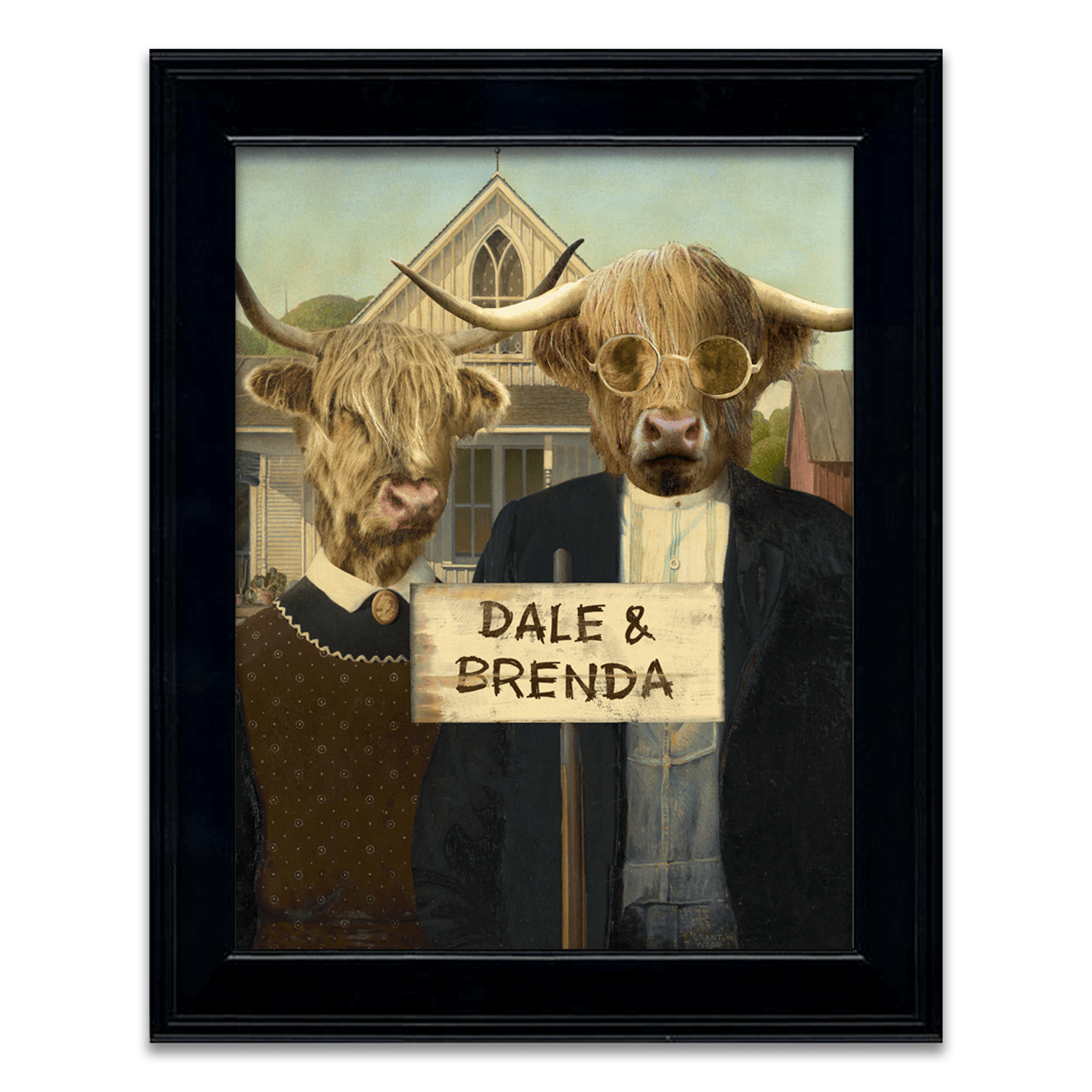 Adaptation of American Gothic with shaggy highland cows in the art personalized for you