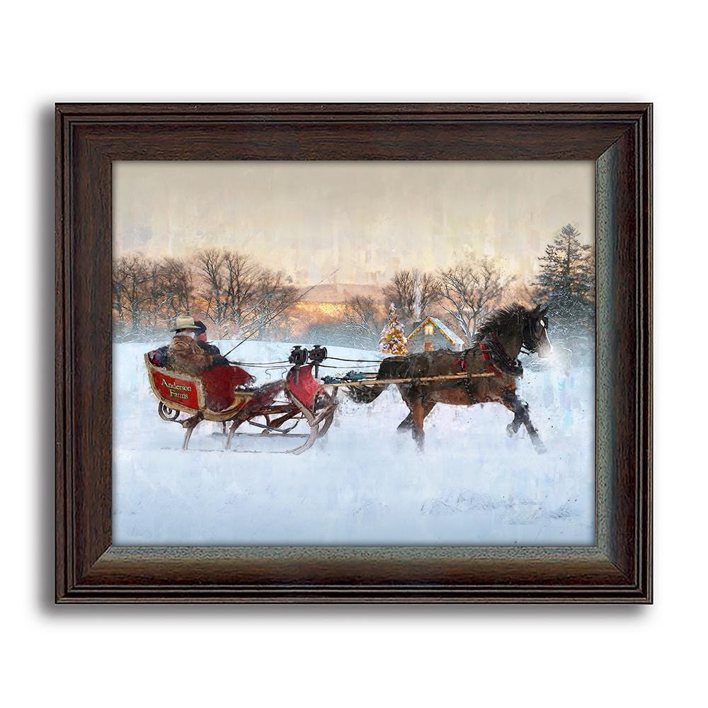 Framed behind glass holiday decor of a horse dashing through the snow