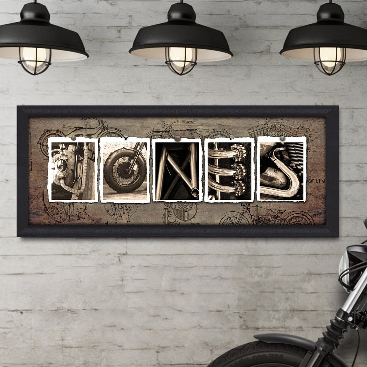 Personalized motorcycle art framed canvas using photographs of bike parts to spell your name - Lifestyle Decor