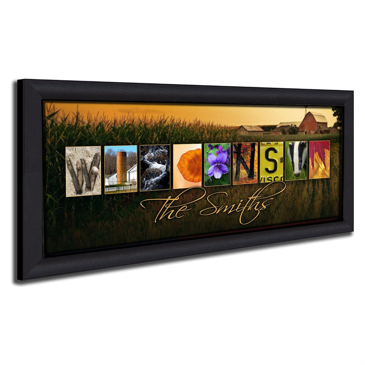 Personalized Wisconsin state pride print using pictures from around the state to spell the word Wisconsin - Personal-Prints