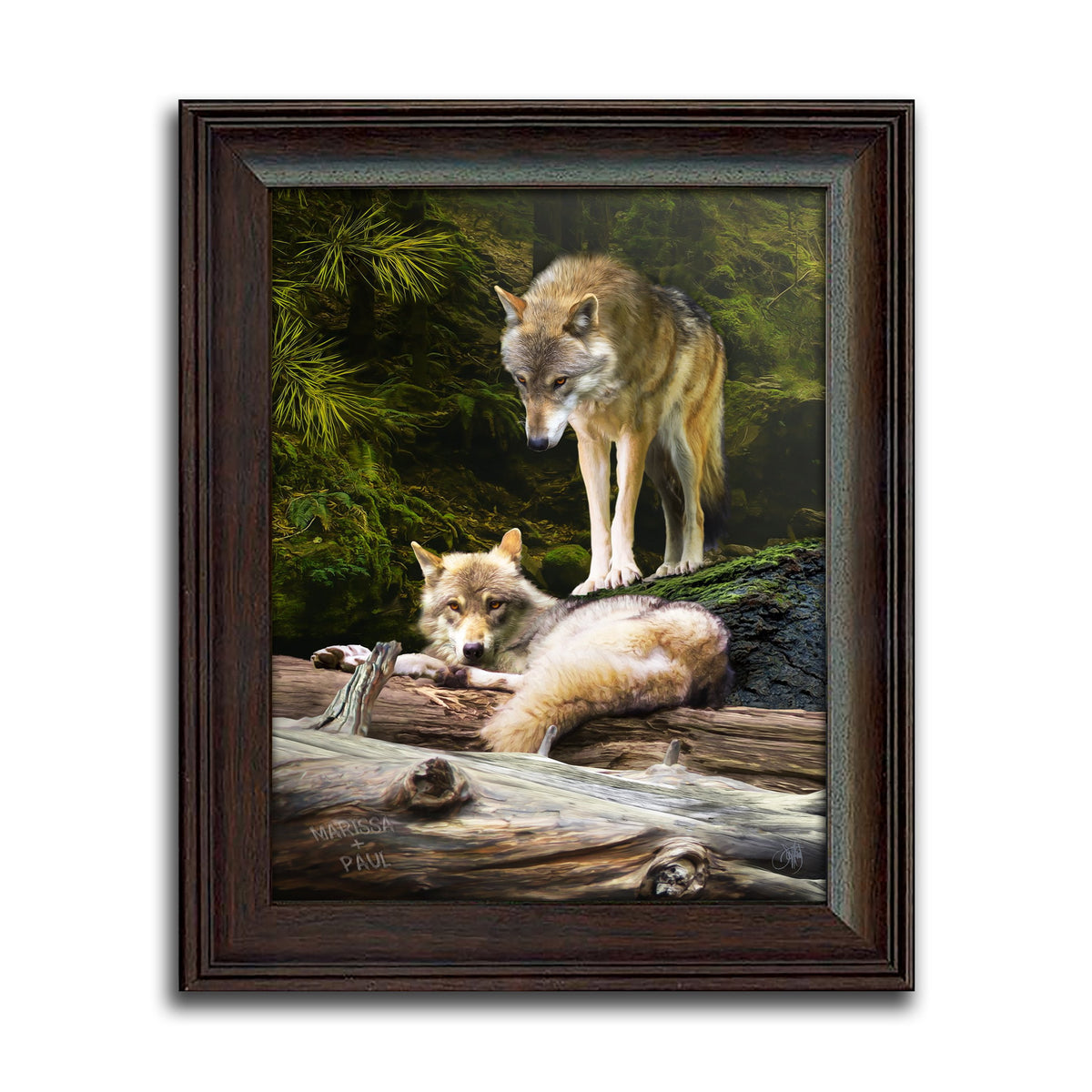 Grey Wolf couple in beautiful mountain scene personalized with names- framed behind glass