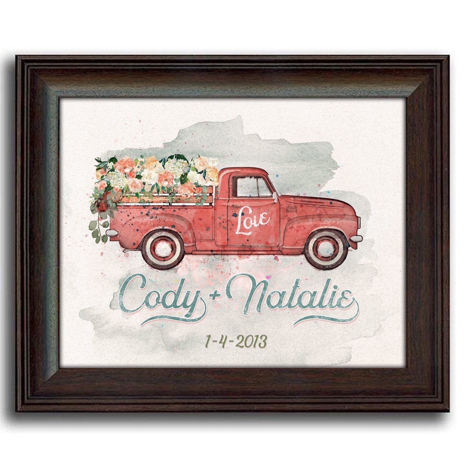 Romantic personalized gift of nostalgic watercolor art featuring a red truck and your customization