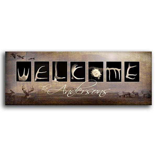 Personalized art using photographs of deer antlers to spell the word Welcome - Personal-Prints