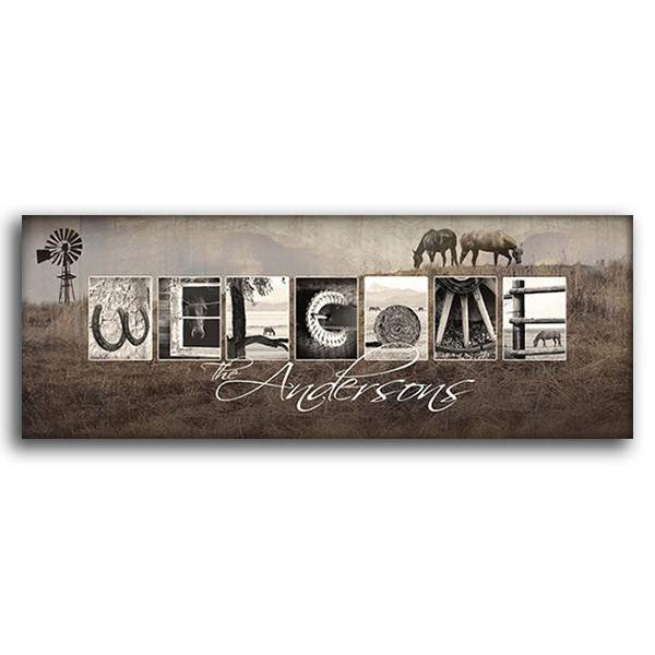 Personalized horse art print using horse-themed photographs to spell the word Welcome - Personal-Prints
