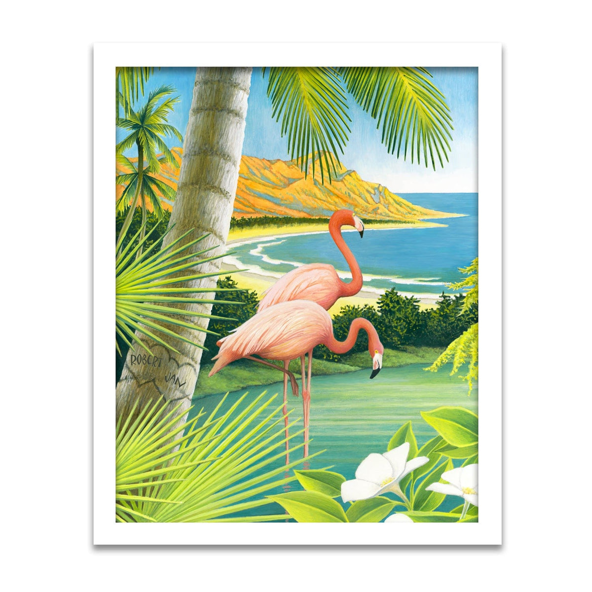 Personalized tropical print of a flamingo next to a green palm tree - Personal-Prints