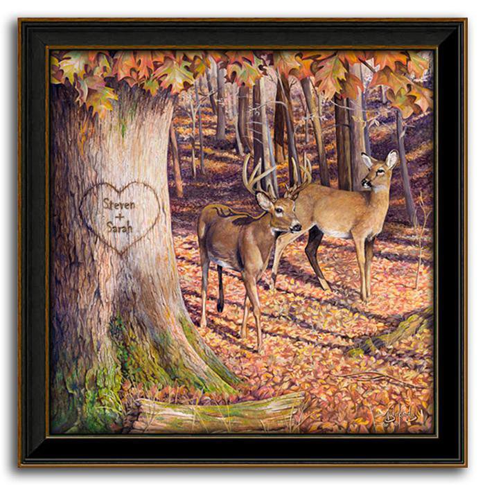 Personalized nature wall decor with two deer in an autumn forest - Personal-Prints