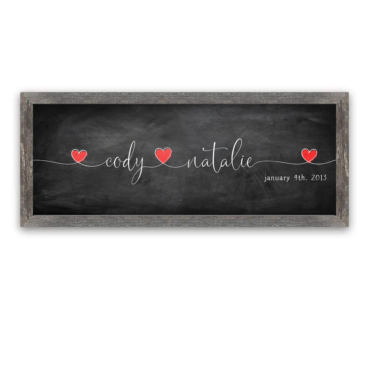 Personalized Love Intertwined romantic art decor including yours and your partner&#39;s names and date - Framed Canvas option in grey barnwood frame style