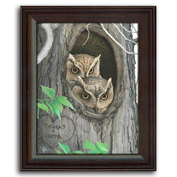 Personalized nature wall decor with two owls hiding in a tree - Personal-Prints