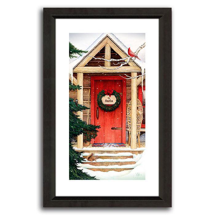 Personalized art with a red door and pine tree in winter - Personal-Prints