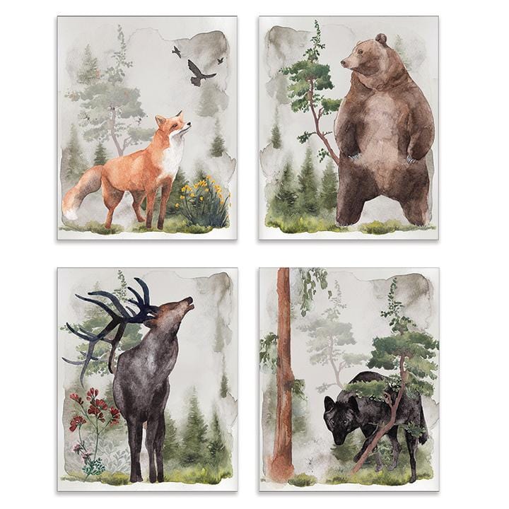 Woodland animals wall art decor set - fox, bear, elk and wolf