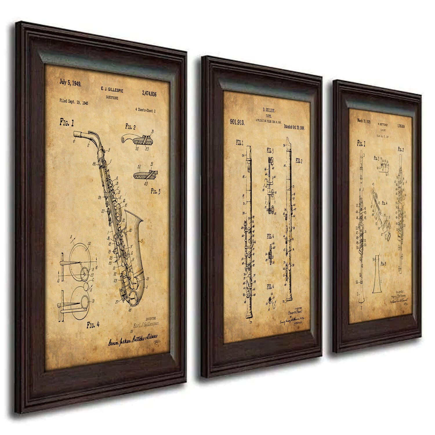 set of three US patent drawings of woodwind instruments include saxophone, clarinet and flute
