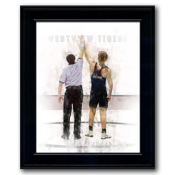 School Wrestler Art Decor Personalized Jersey, School, name, skin tone, and hair color- Framed Behind Glass