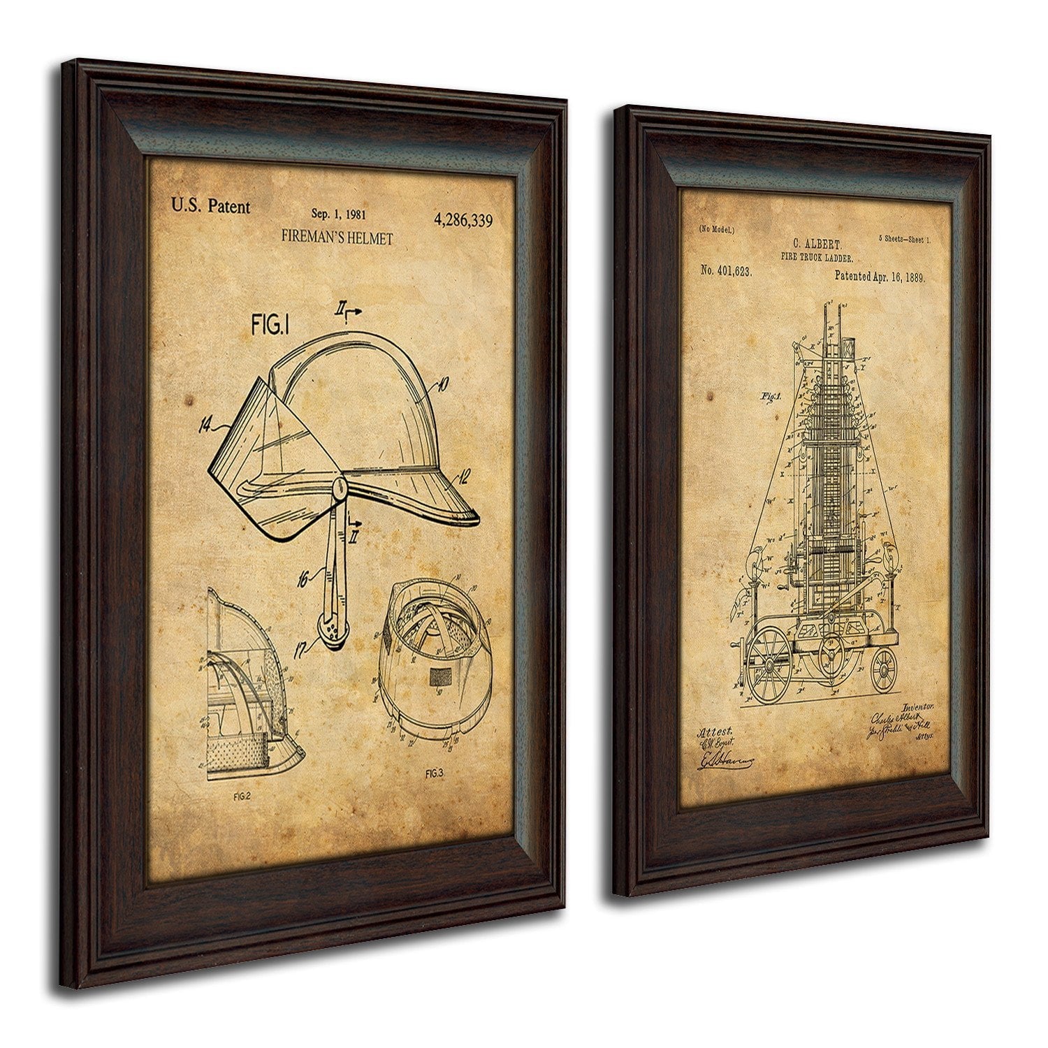 Firefighter wall decor using the original patent art of a firefighter's helmet and Fire Engine - Personal-Prints