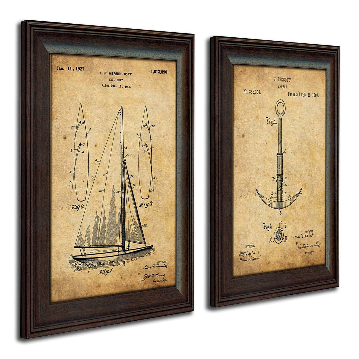Vintage Sail boat and Anchor US Patent Drawing Framed Art Set