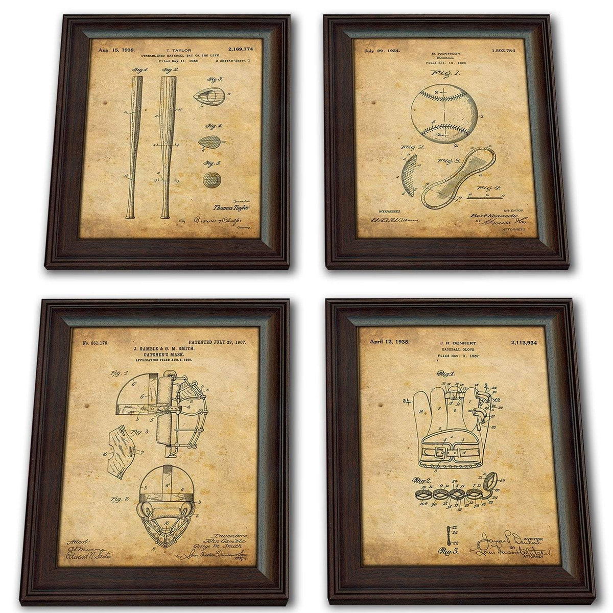 Personal-Prints art 4 Piece Set (Bat, Ball, Glove, Mask) Baseball - Patent Art