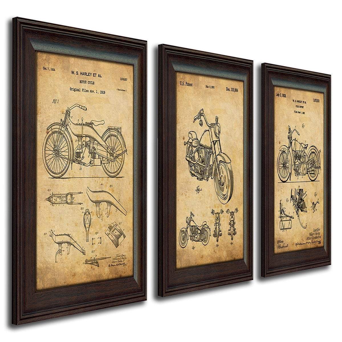 Personal-Prints art 3 Piece Set (1919, 1925 and 1993 bikes) Harley Davidson Motorcycle - Patent Art