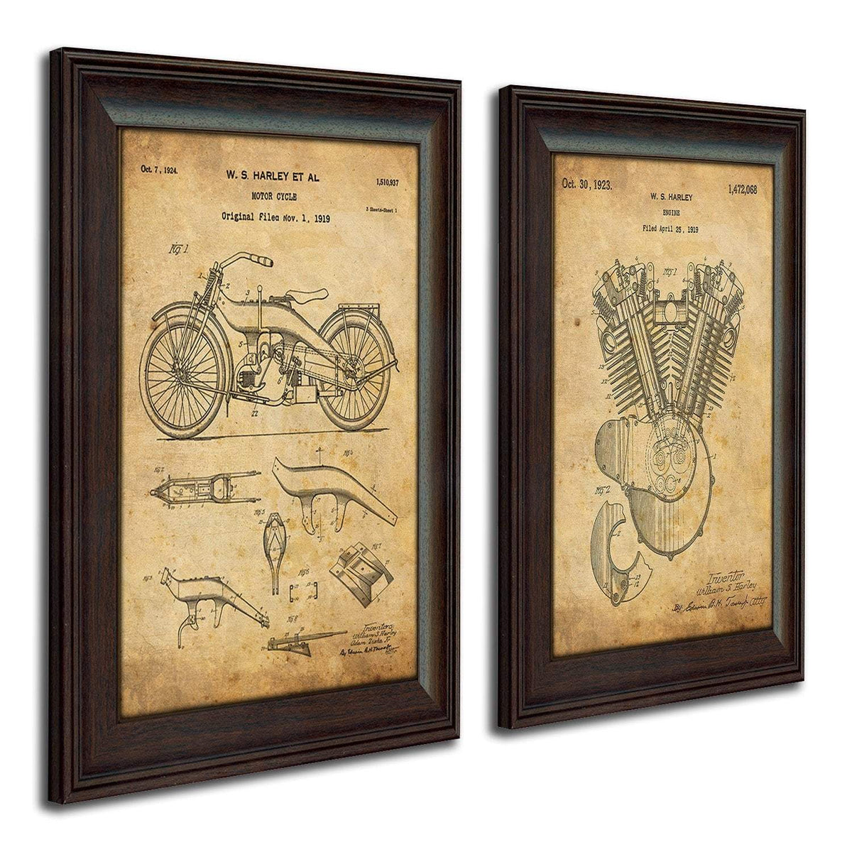 Personal-Prints art 2 Piece Set - 1919 Original Engine and Bike Harley Davidson Motorcycle - Patent Art