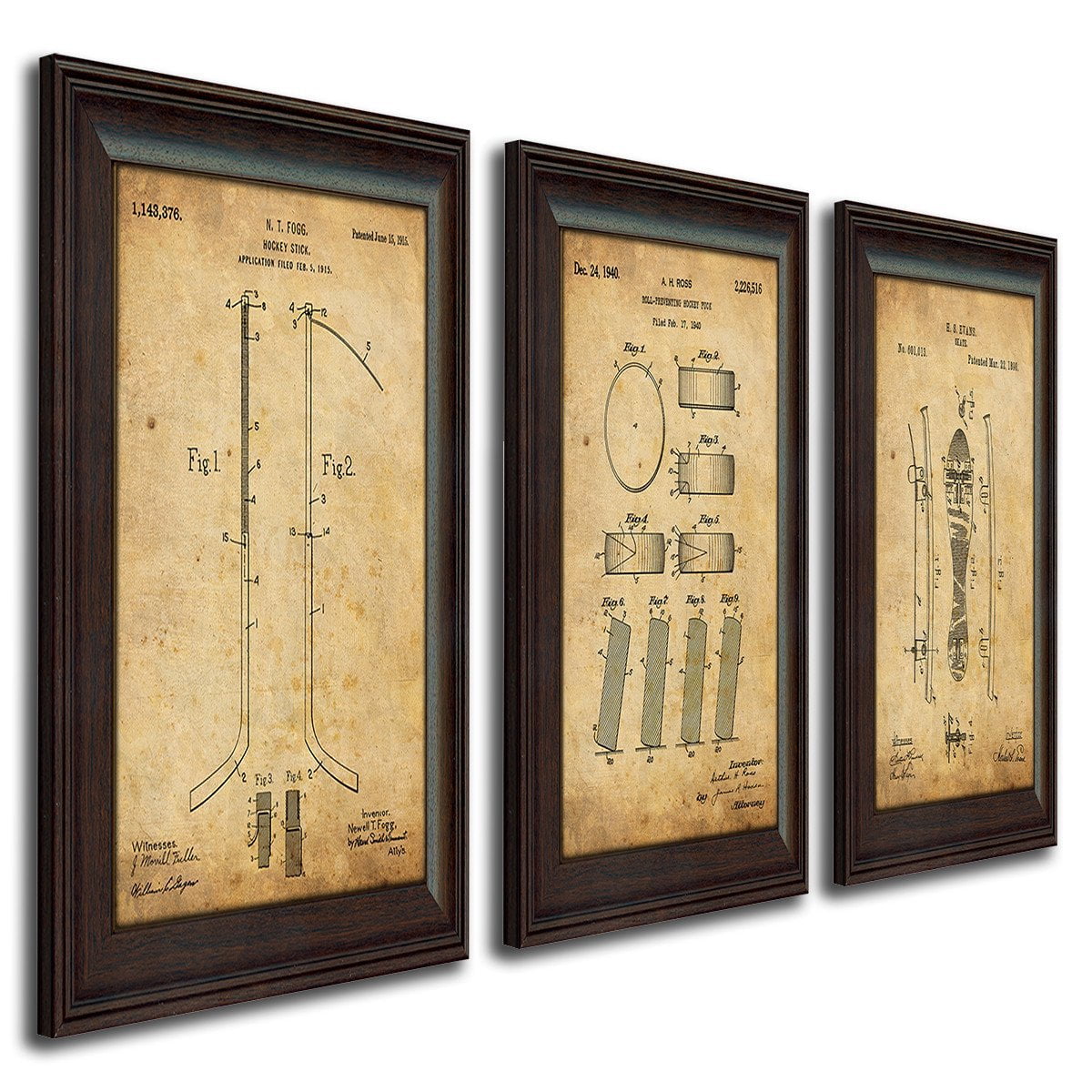 Personal-Prints art 3 Piece Set - Puck, Stick &amp; Skate Ice Hockey - Patent Art Sets