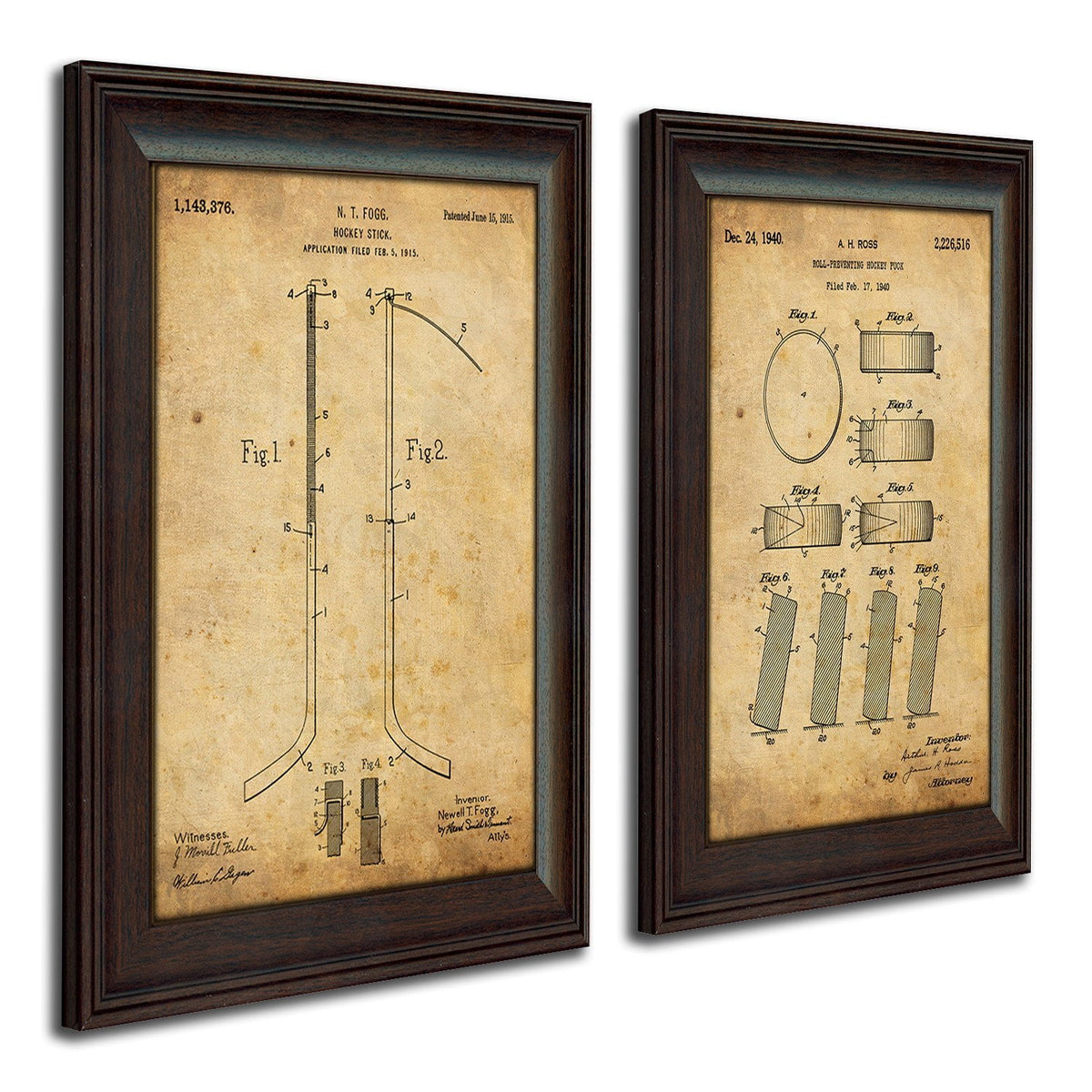 Personal-Prints art 2 Piece Set - Puck &amp; Stick Ice Hockey - Patent Art Sets