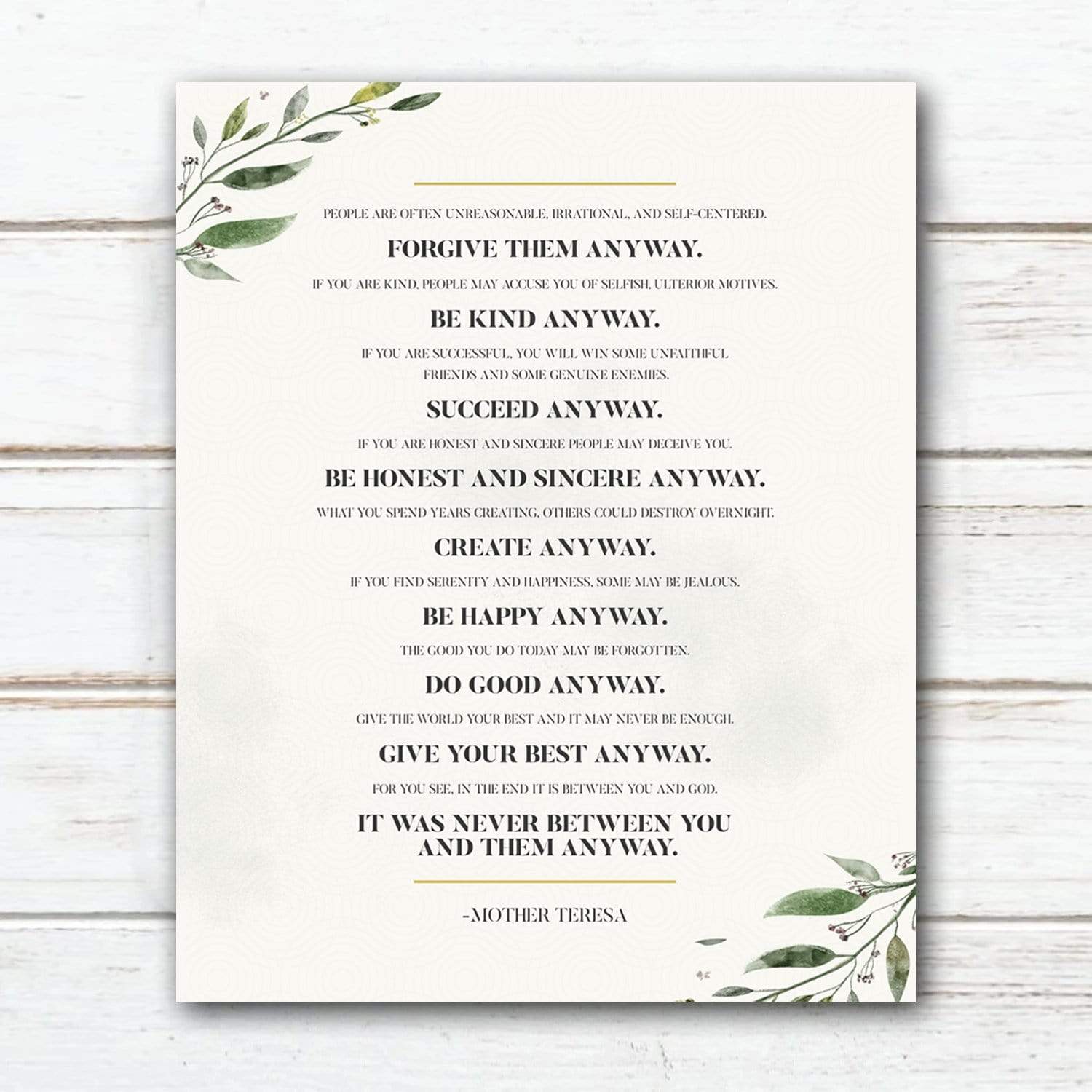 Mother Teresa Anyway Quote - Inspirational Wall Art - Personal-Prints for Mother Teresa Do It Anyway Printable Free