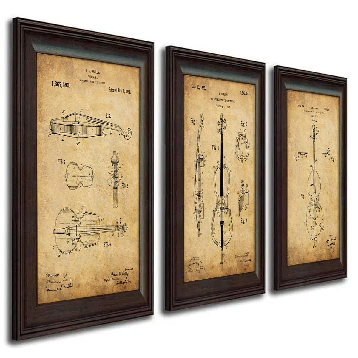 Personal-Prints art 3 Piece Set (Cello, Stand Up Bass, Violin) Orchestra Instruments - Patent Art