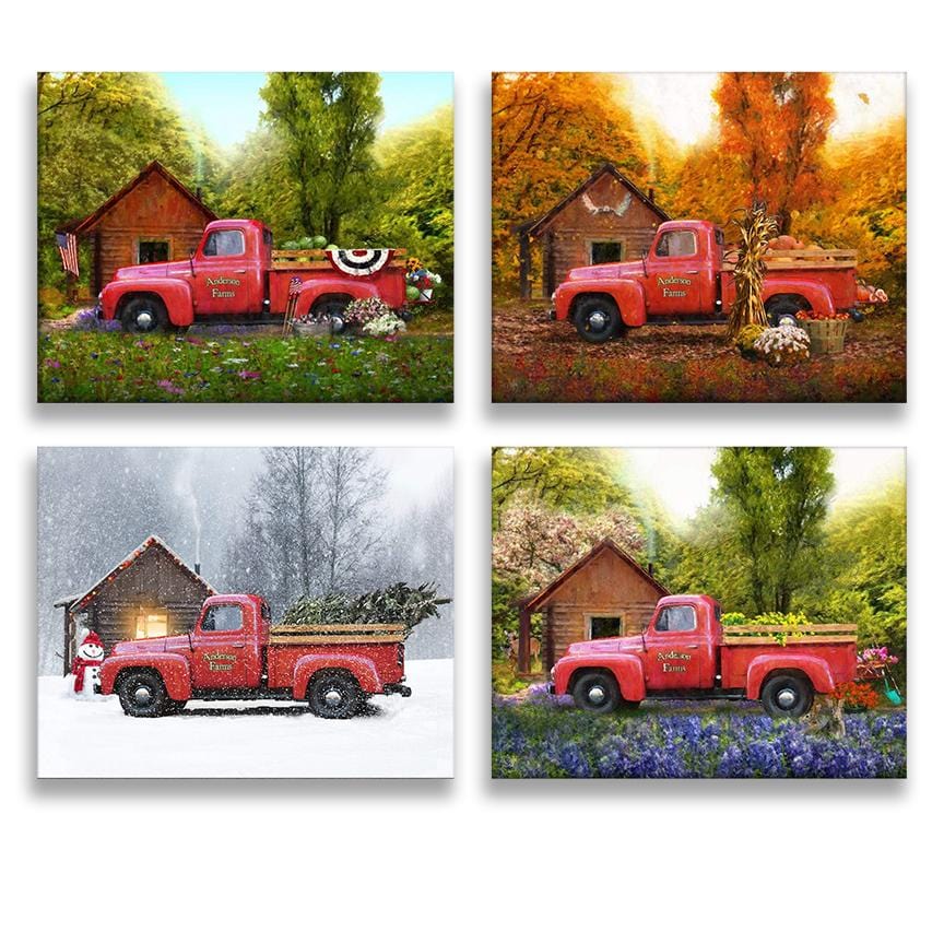 Personal-Prints art 11&quot;x14&quot; Block Mount (4 Set) Red Truck - Set of 4 Seasons