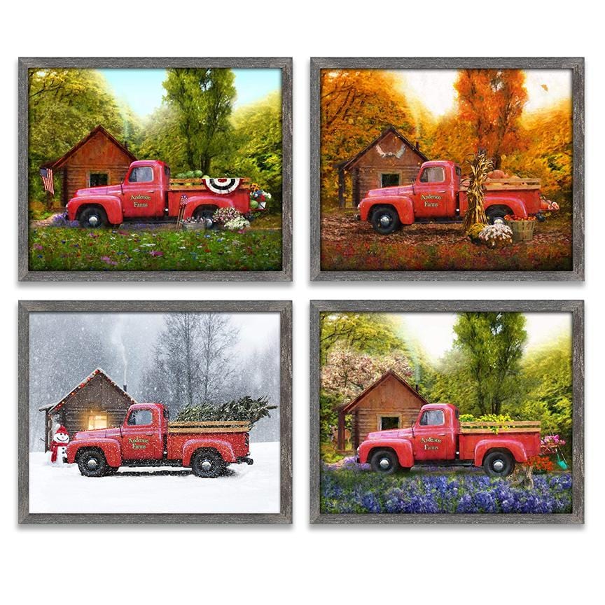 Personal-Prints art 14&quot;x17&quot; Framed Canvas (4 Set) Red Truck - Set of 4 Seasons