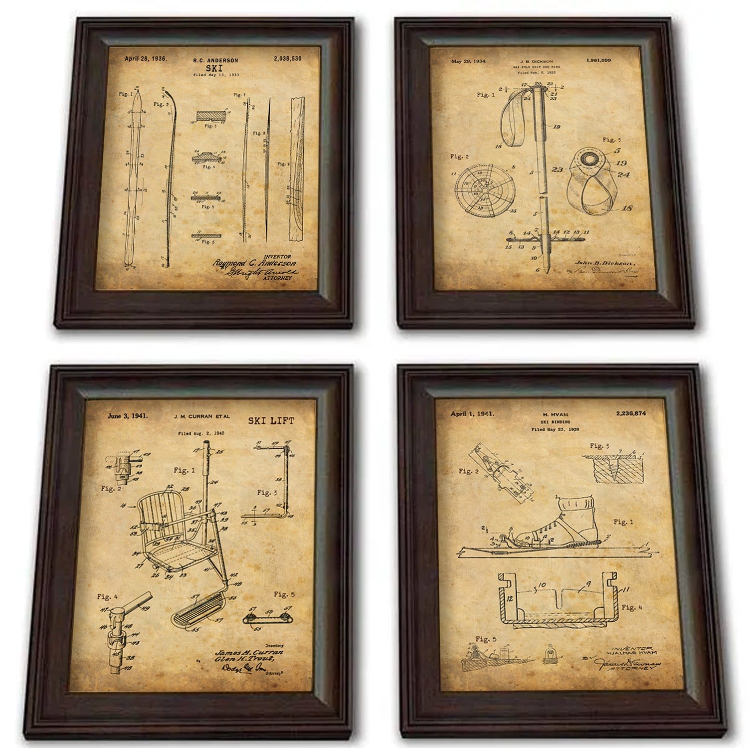 Personal-Prints art 4 Piece Set (Ski, Pole, Binding, Lift) Ski - Patent Art