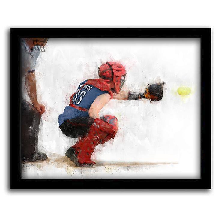 Personal-Prints art 12.5&quot;x15.5&quot; Framed Canvas Womens Softball Catcher