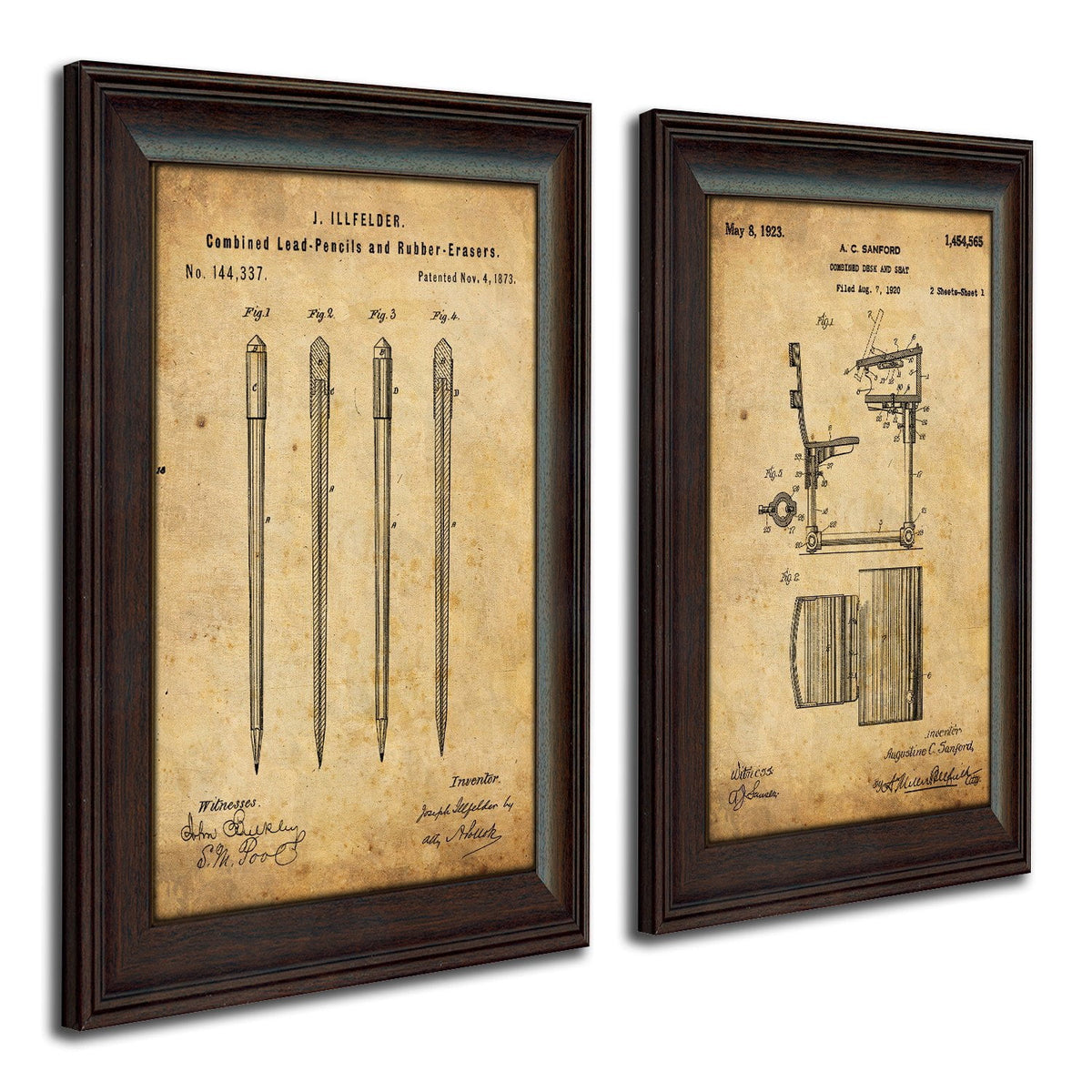 US patent drawings for a lead pencil (1873) and combined desk &amp; seat (1923) - Gift for a teacher