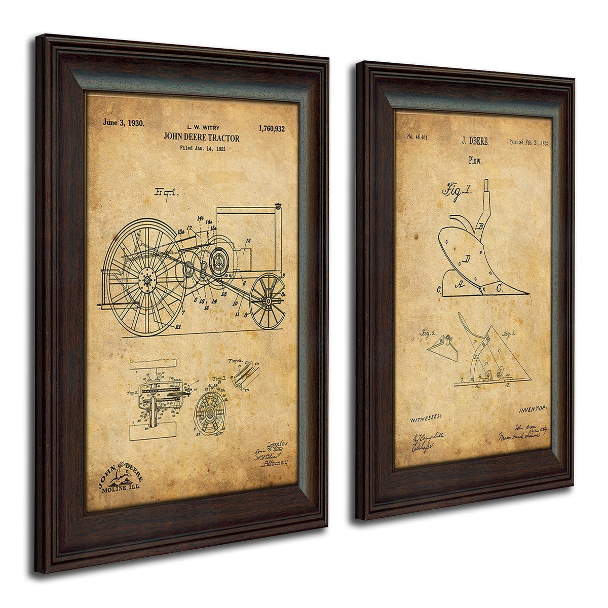 Vintage patent art print of the original drawing for a John Deere tractor and Plow