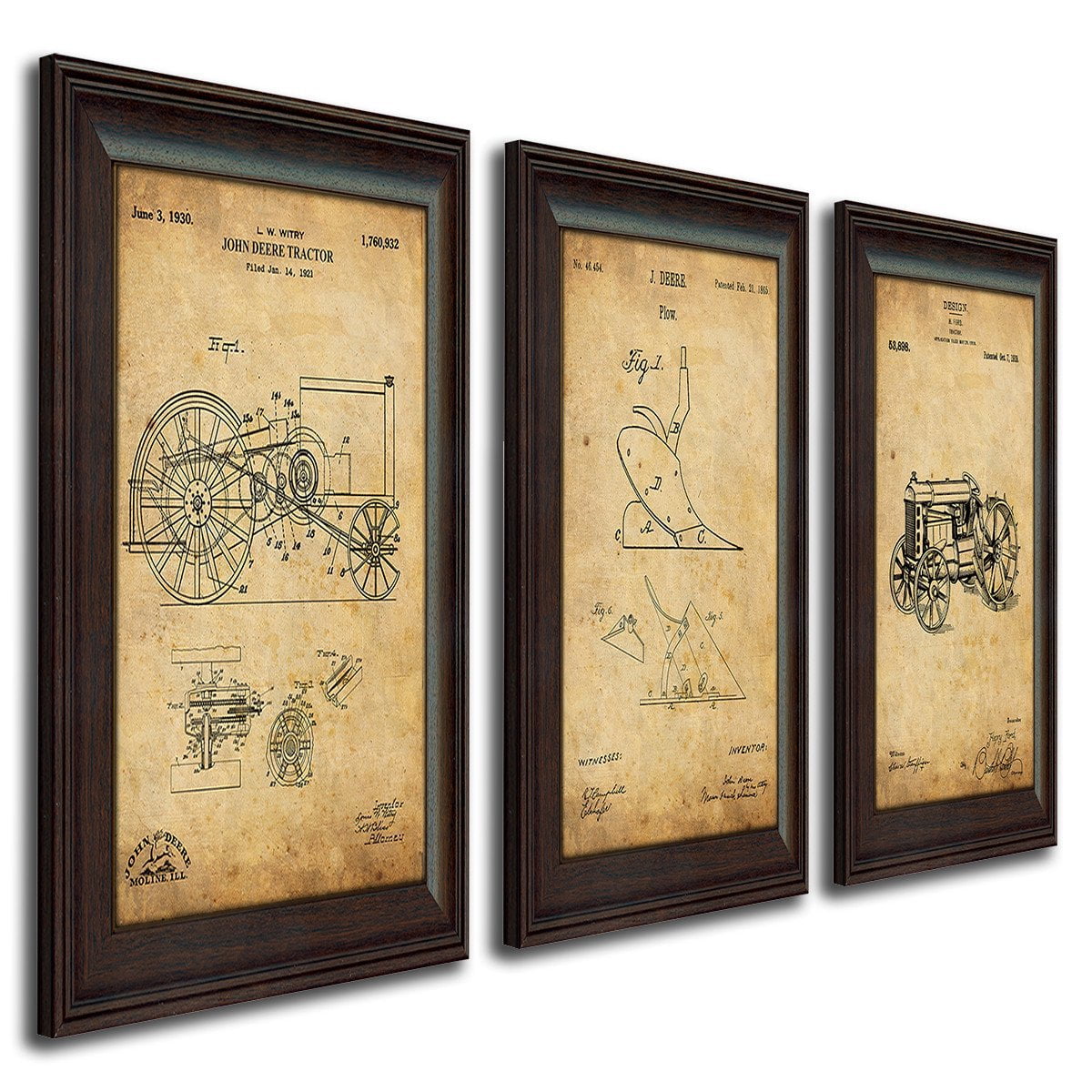 Set of 3 Patent art prints of the original drawing for a John Deere tractors and a plow - Personal-Prints