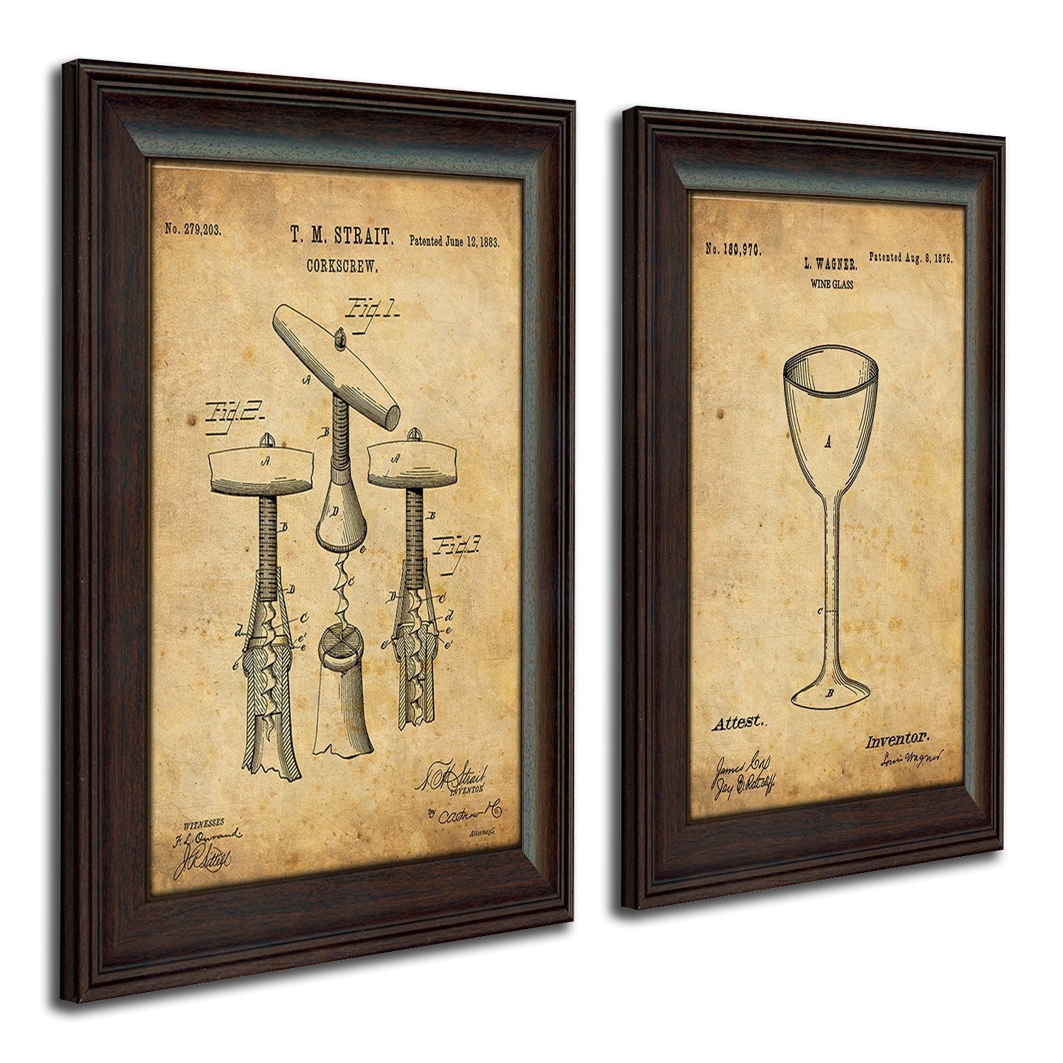 Framed wine art using the original patent art for a cork screw and wine glass - Personal-Prints